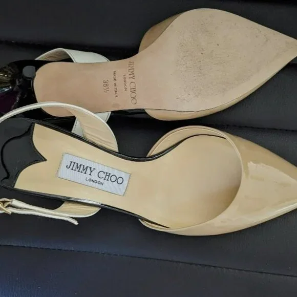 Jimmy Choo Women Patent Leather Pointed Colorblock Slingbacks Beige/Blk - Picture 9 of 10